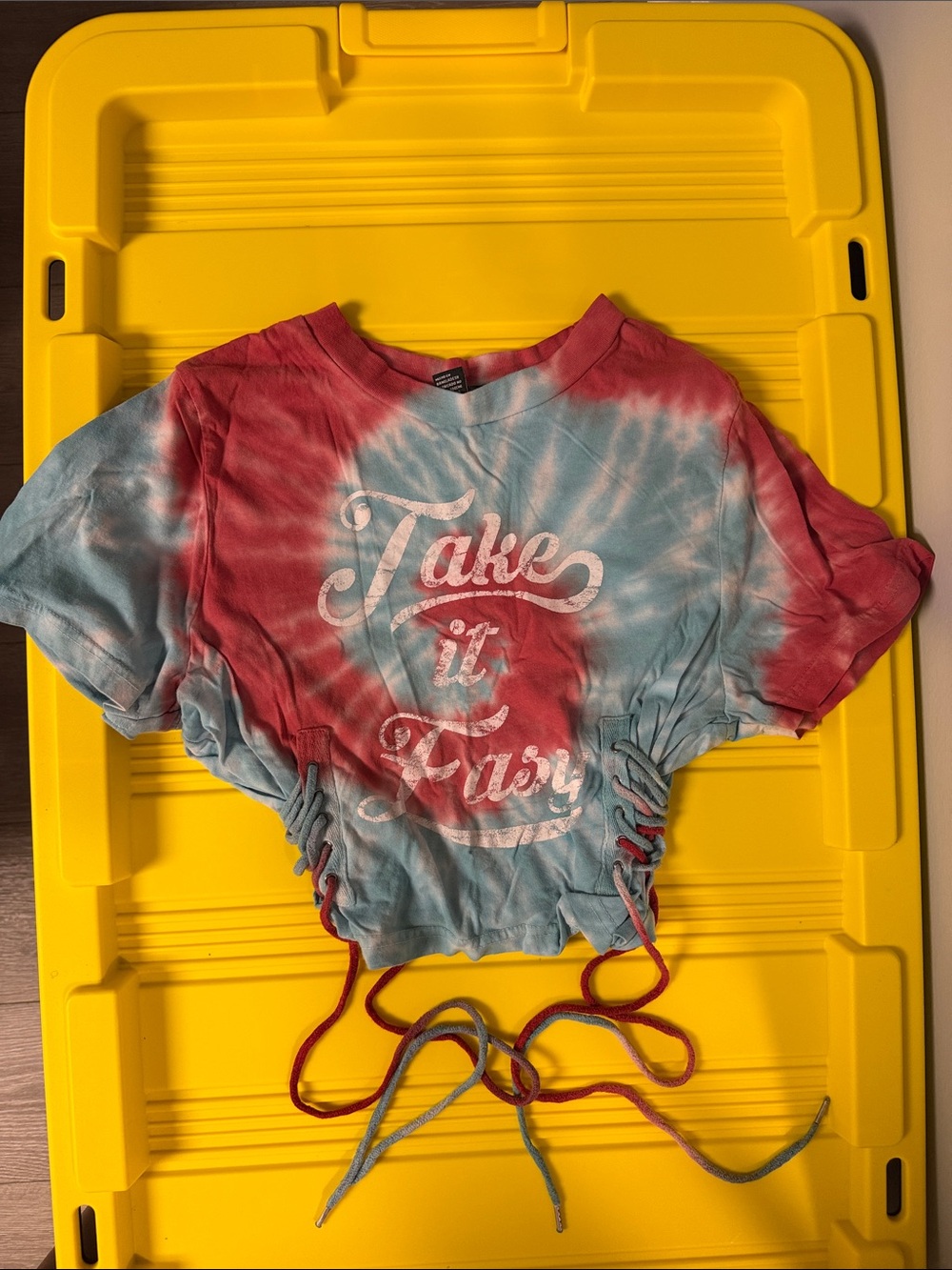 Forever 21 Red and Light Blue Tie-Dye Cropped Tee - "Take It Easy"